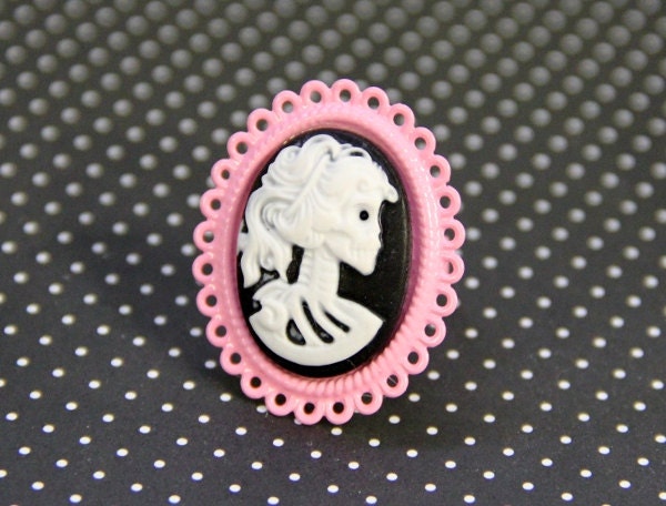 Pink Lady Skeleton Cameo Ring