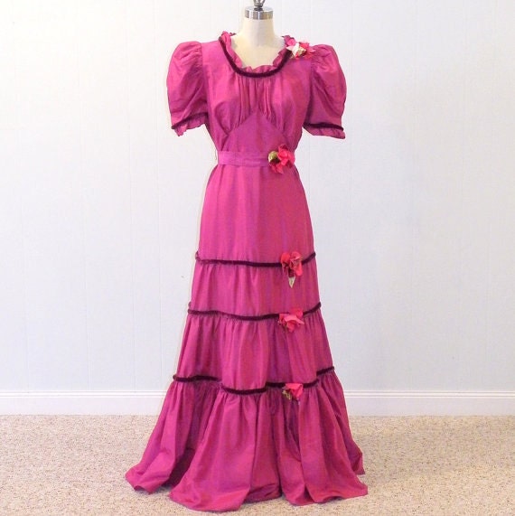 1930s Dress, Vintage 30s Deep Cerise Taffeta Full Length Party Dress Evening Gown, Velvet Trim & Flower Embellishments