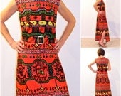 70s Tribal Maxi Dress, 1970s Orange, Green & Yellow Mediterranean Flair Sleeveless Belted Summer Dress, Vintage Resort Dress