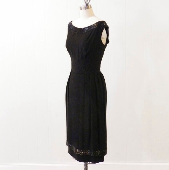 1960s Beaded Cocktail Dress, 60s Little Black Dress, Silk Rayon LBD Dress, Sleeveless Vintage Designer Dress Pat Sandler