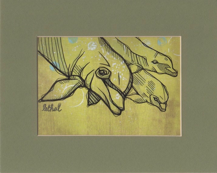 Phin Pod - Original Ink & Watercolor Dolphins Drawing on Scrapbook Paper