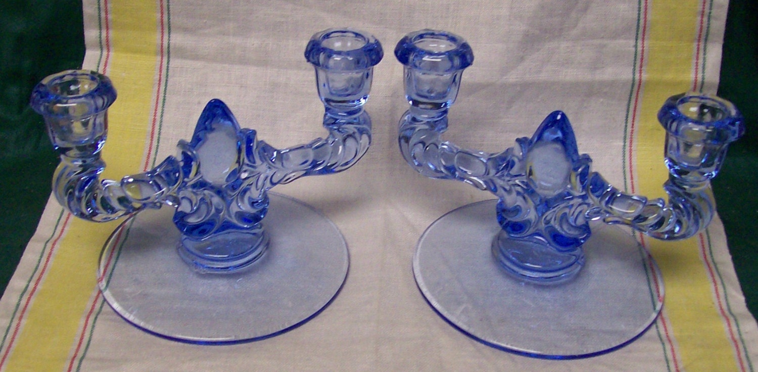 Rare New Martinsville Depression Janice Blue Drape Double Light Crystal Glass Candlestick Candle Holder Pair