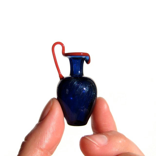 Miniature Pitcher in Sparkly Blue and Coral, Hand Blown Glass