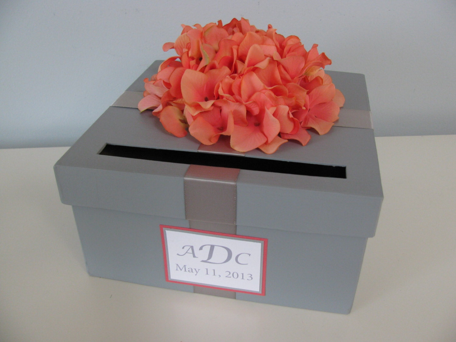 Gray Wedding Card Box with orange coral hydrangeas and personalized tag- You Customize colors and Flowers