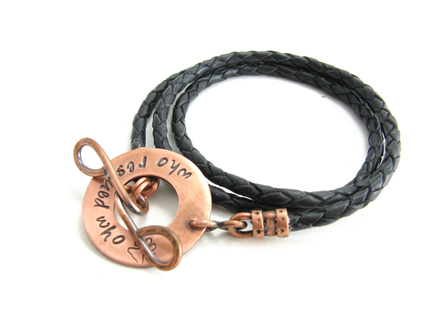 Black Leather Unisex Wrap Bracelet Rescued Dog Pet Jewelry Copper Rescued Pets Jewelry
