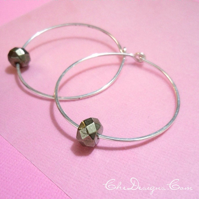 Large Handmade Hoops with Faceted Pyrite Beads, 1.5 Inch Diameter