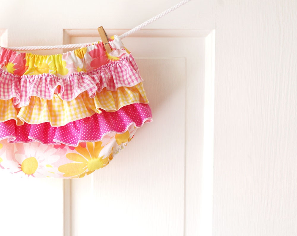 Ruffle Butt Diaper Cover Bloomer- Pink Lemonade Vintage Floral- Lemon Yellow-3m 6m 12m 18m- Baby Shower Gift- Baby Spring Fashion- Recycled