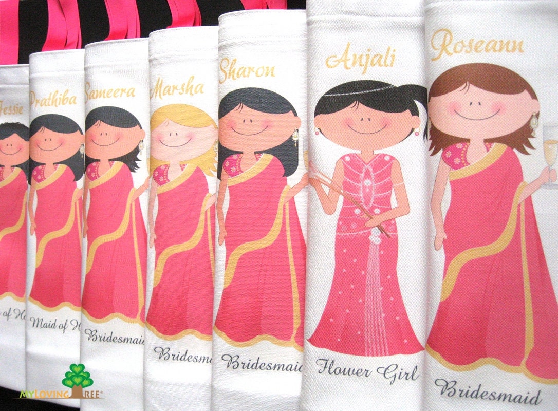 Personalized Indian brides and bridesmaids sari wedding gifts bags or bridal shower party or wedding give away favors totes