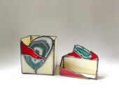 Tribal Business Card and Pencil Holder Geode Teal Red Beige Stained Glass Handmade OOAK