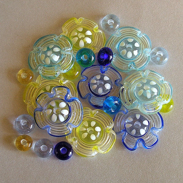Glass Beads, Flower Lampwork Glass Beads, Multi color Beads, Lampwork Glass Beads, Handmade Lampwork Glass Disc Beads Set (21)