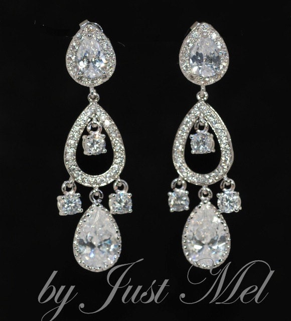 Chandelier Cubic Zirconia Teardrop Chandelier Earrings - Wedding Earrings, Bridesmaid Earrings, Bridal Jewelry (E489)