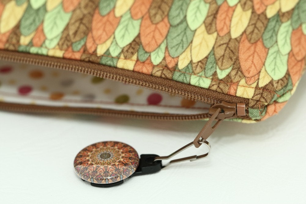 NEW Zipper makeup pencil case green orange yellow brown leaves.