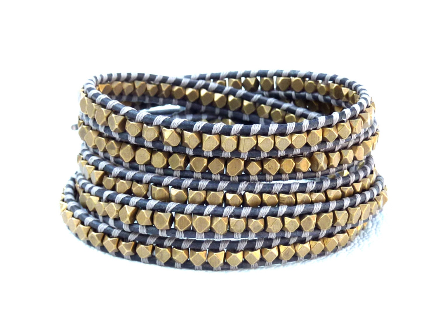 Natural Gray Leather and Brass Nugget Five Wrap Bracelet