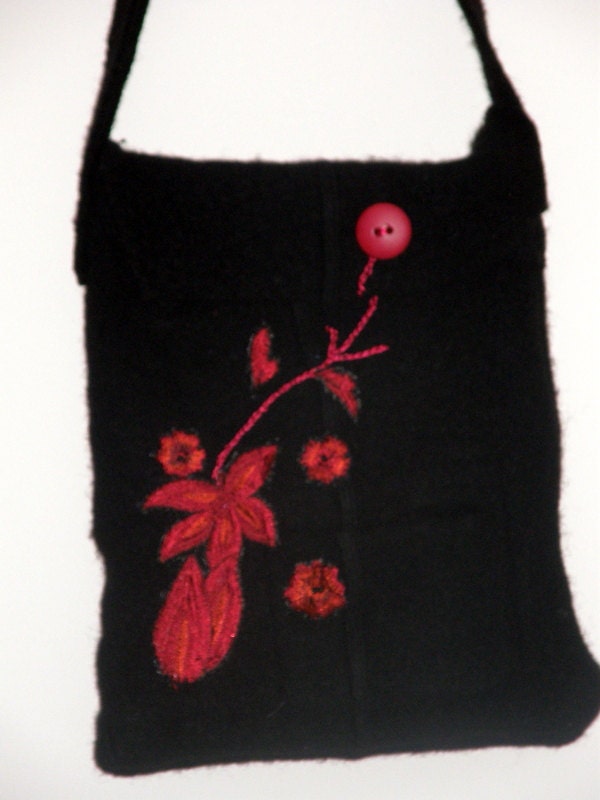 felt black  red messenger bag ipad case with red embroidery red flower color Upcycled Merino WoolSweater