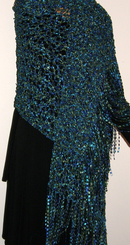 Peacock Fancy Ribbon Shawl wedding shawl rectangular shape  Green Blue Ribbon yarn Wrap Hand Crocheted Fancy Ribbon Yarn