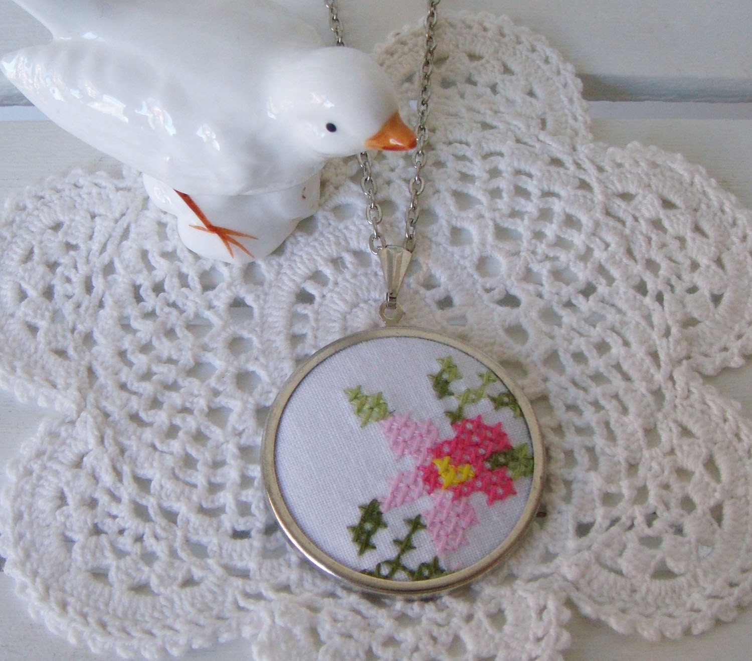 Embroidered Necklace - Pink Cross Stitch (248)