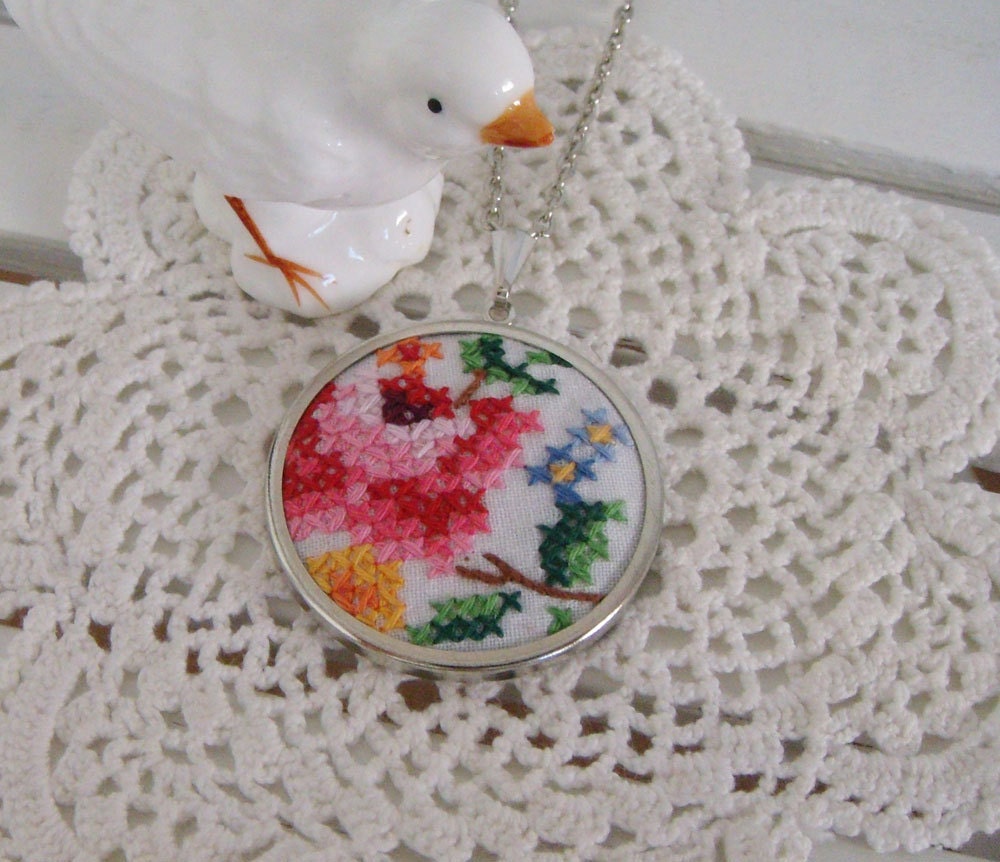 Embroidered Necklace - Pink Cross Stitch (260)