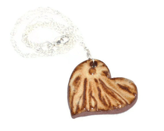 Creme Brulee Ceramic Heart Pendant on Sterling Silver Necklace