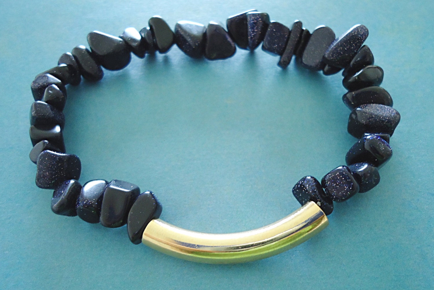 Midnight Blue Goldstone Chip Gold Bar Elastic Stretchy Bracelet - Stacking, Layering