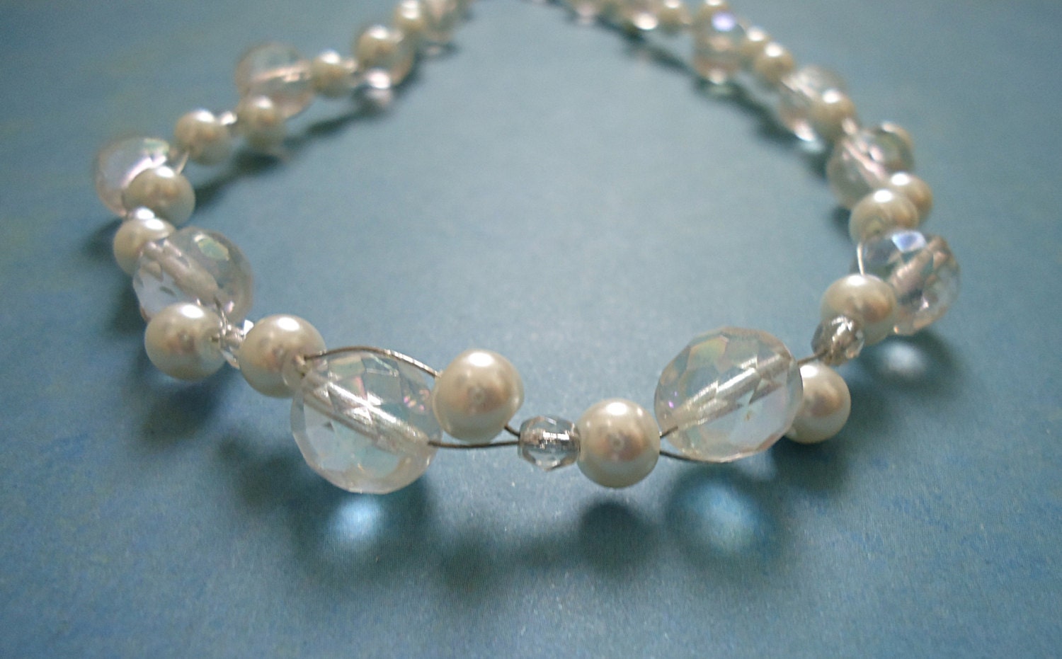 Clear White AB Czech Glass & Pearl Illusion Necklace - Wedding, Casual