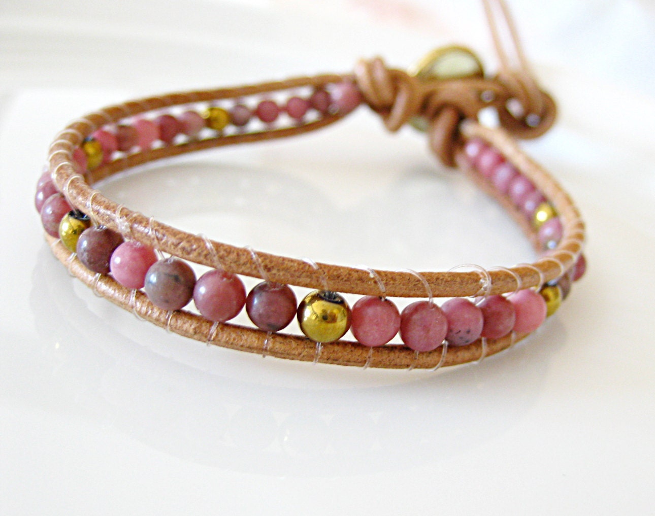 Rose Pink Rhodonite & Gold Round Leather Wrap Bracelet - One time, 1x, Chan-Luu style, button