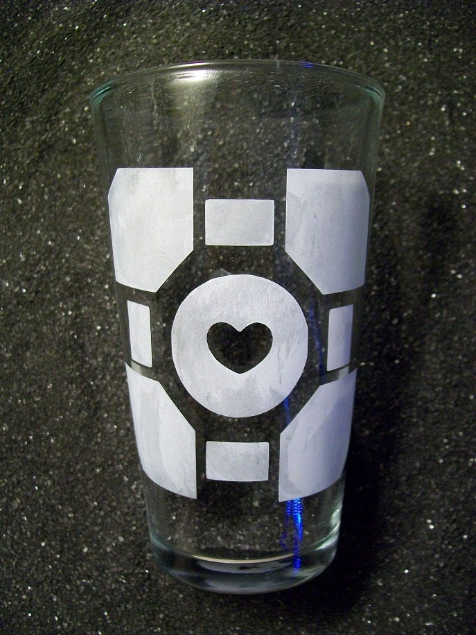 Portal Companion Cube etched pint glass tumbler