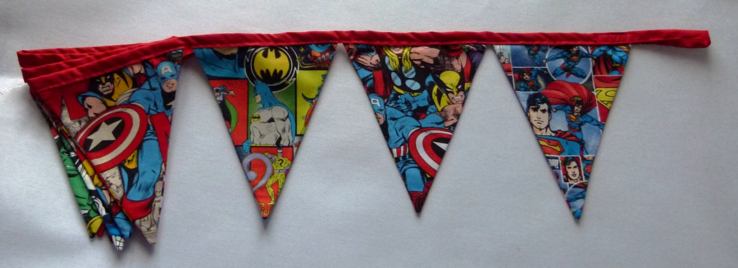 1  Reusable Fabric Bunting / Flags / Pennants Superheros comic book captain america superman hulk spiderman