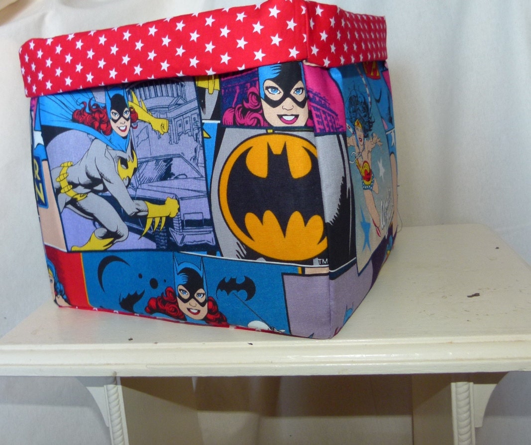 Fabric basket storage bin toys comic avengers supergil batgirl red with white stars