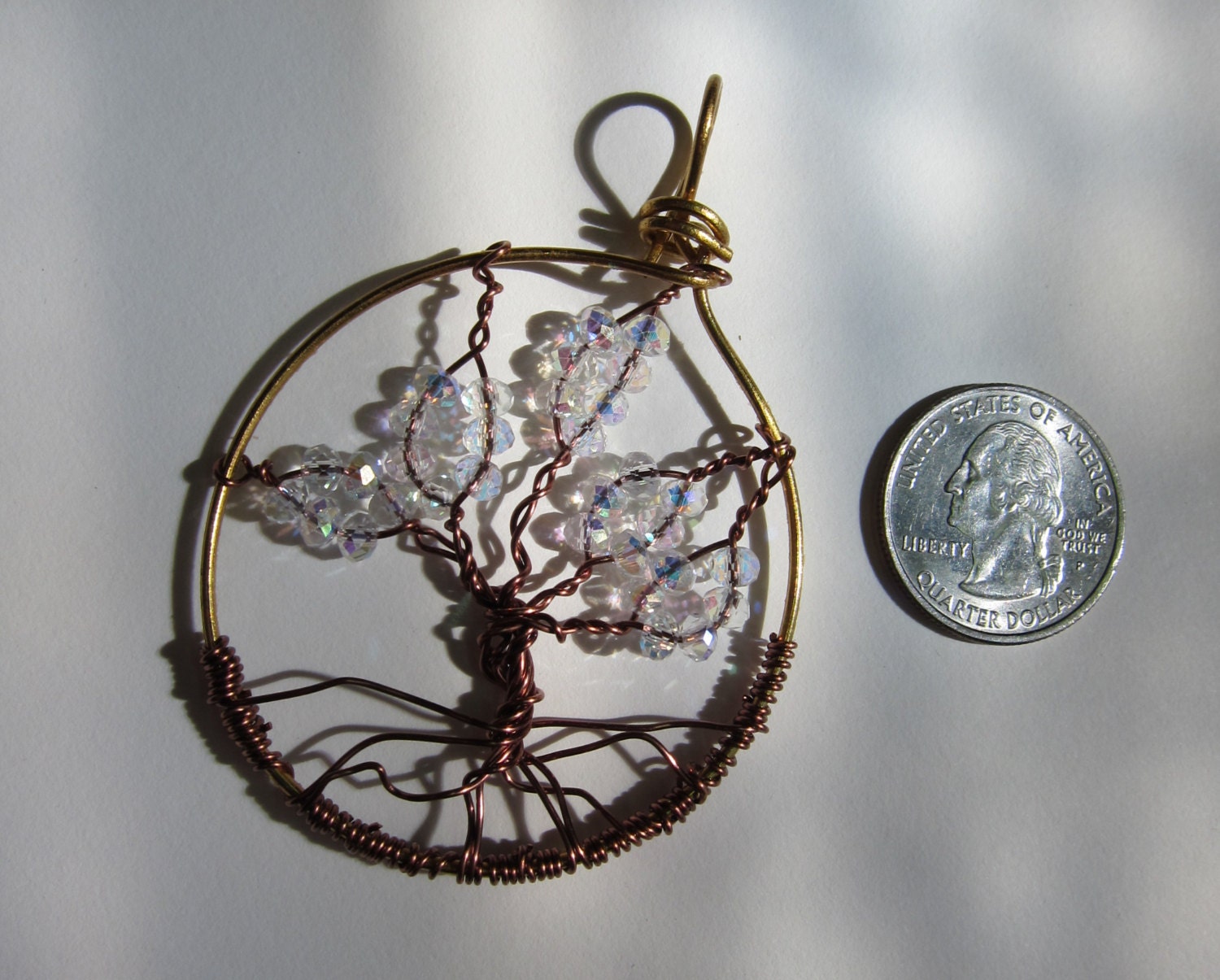 Tree of Life. Clear cystals gold nontarnish wire & antique copper wire wrap pendant necklace