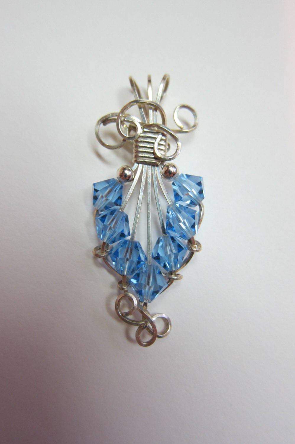 Victorian Style Pendant, Light Blue Swarovski Crystal Pendant wire wrapped Sterling.Silver handmade Aquamarine color,