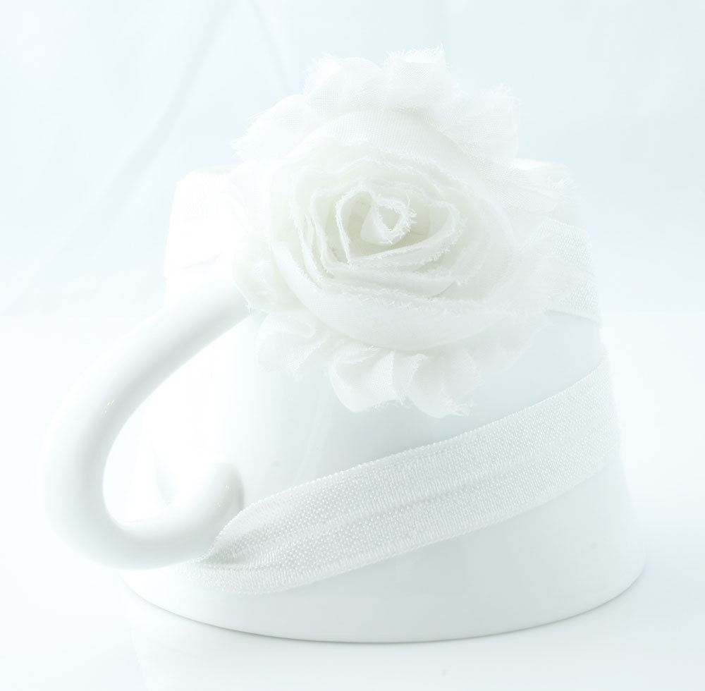 Newborn Headband, Baby Head Band, Shabby Flower Headband, Chiffon Flower White Headband
