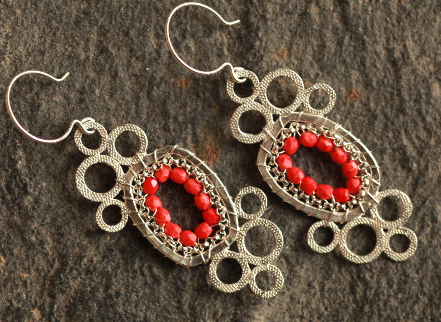 NEW - Aztec Earrings - Coral - Jewelry, Chandelier Earrings, Silver, Hoop, Drop, Dangle, Beadwork, Mother's Day Gifts
