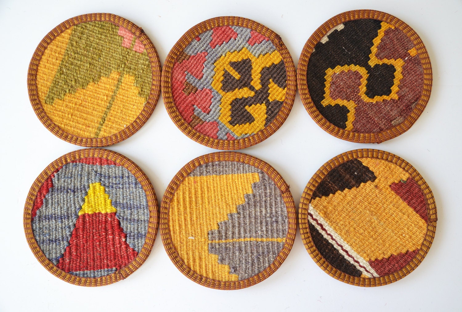 Sukan / Hand Woven - Turkish Antique Kilim Cups Coasters - 6 pcs mon. red. yellow, blue, brown