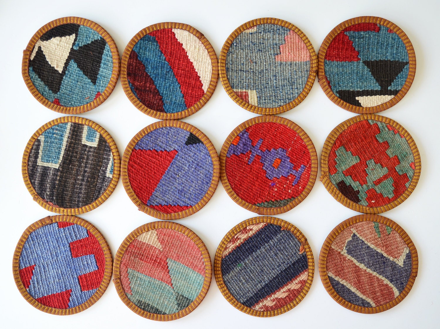 Sukan / Hand Woven - Turkish Antique Kilim Cups Coasters - 12 pcs