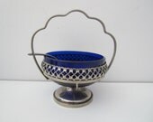 Vintage Cobalt Blue Glass and Silverplate Relish Dish with Spoon