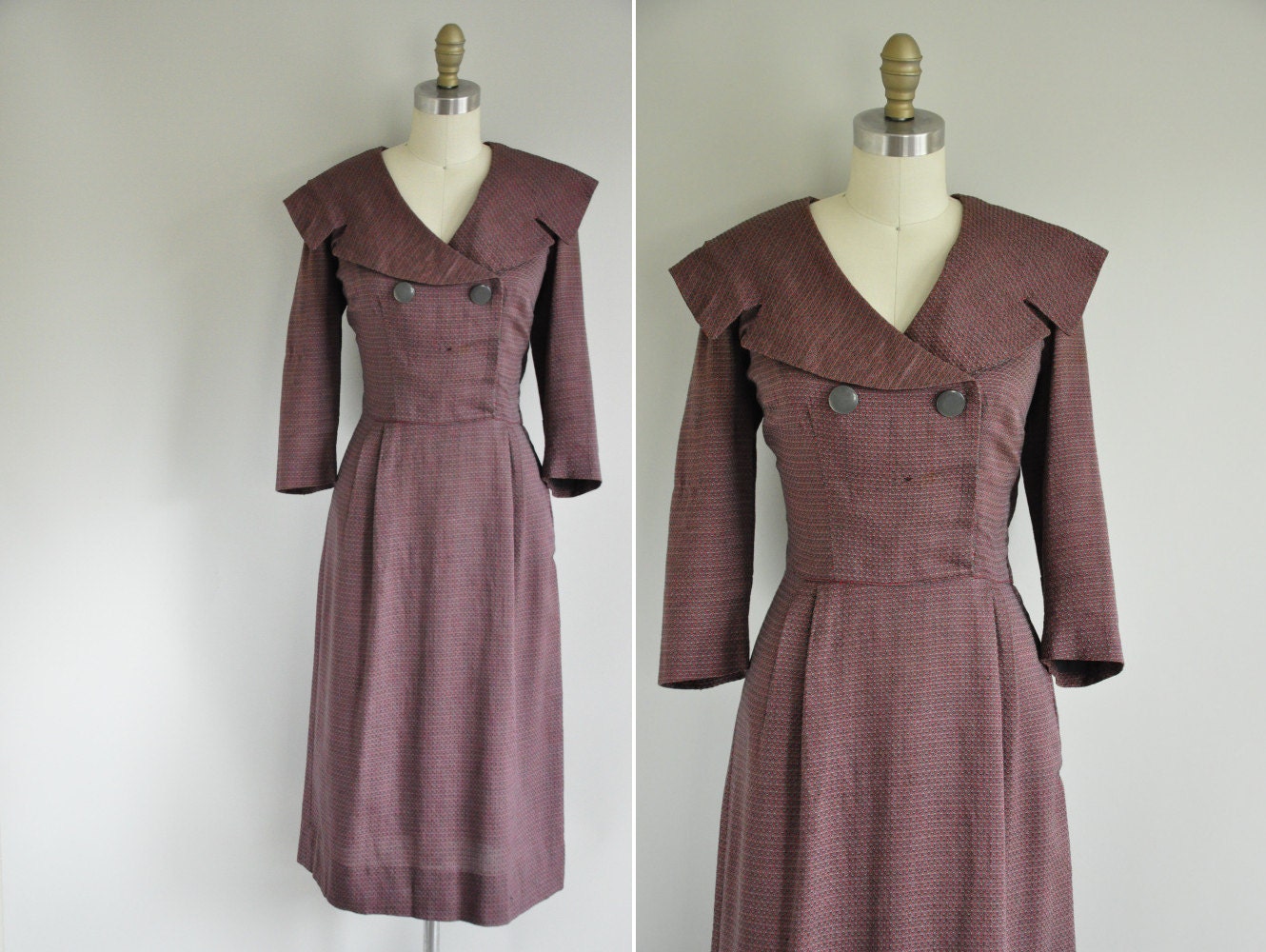 s a l e... vintage 1950s dress / 50s sailor collar wiggle dress / 1950s red and grey dress