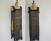 antique 1920s dress / vintage 20s black beaded dress / antique 1920s french dress