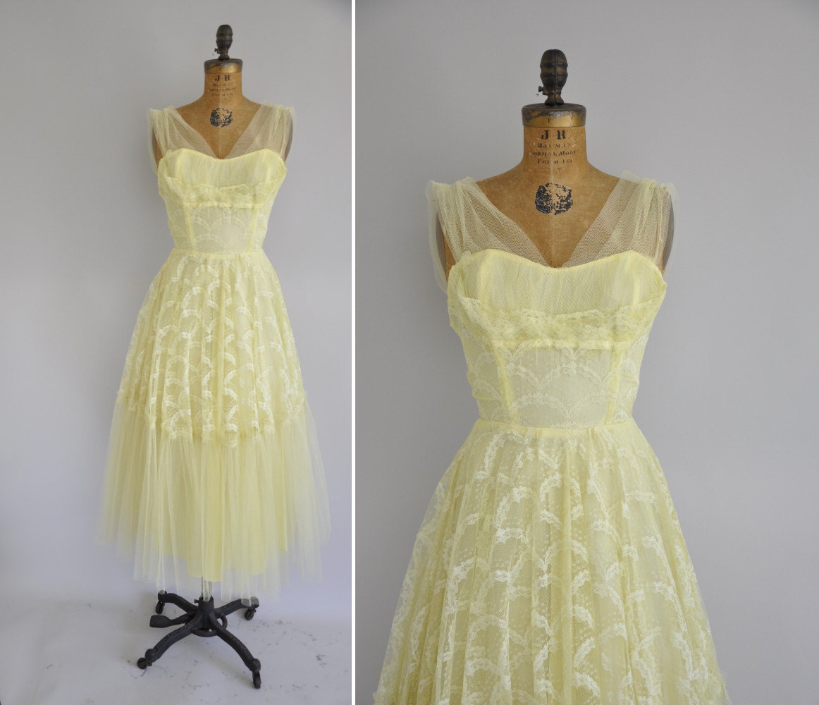 vintage 1950s dress / 50s yellow tulle prom dress / 1950s buttercup yellow party dress