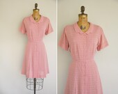 vintage 1950s dress / 50s rose pink burnout lace dress / 50s rhinestone button dress