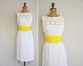 vintage 50s dress / 1950s white linen cotton dress/ 50s embroidered lace lemon drop dress