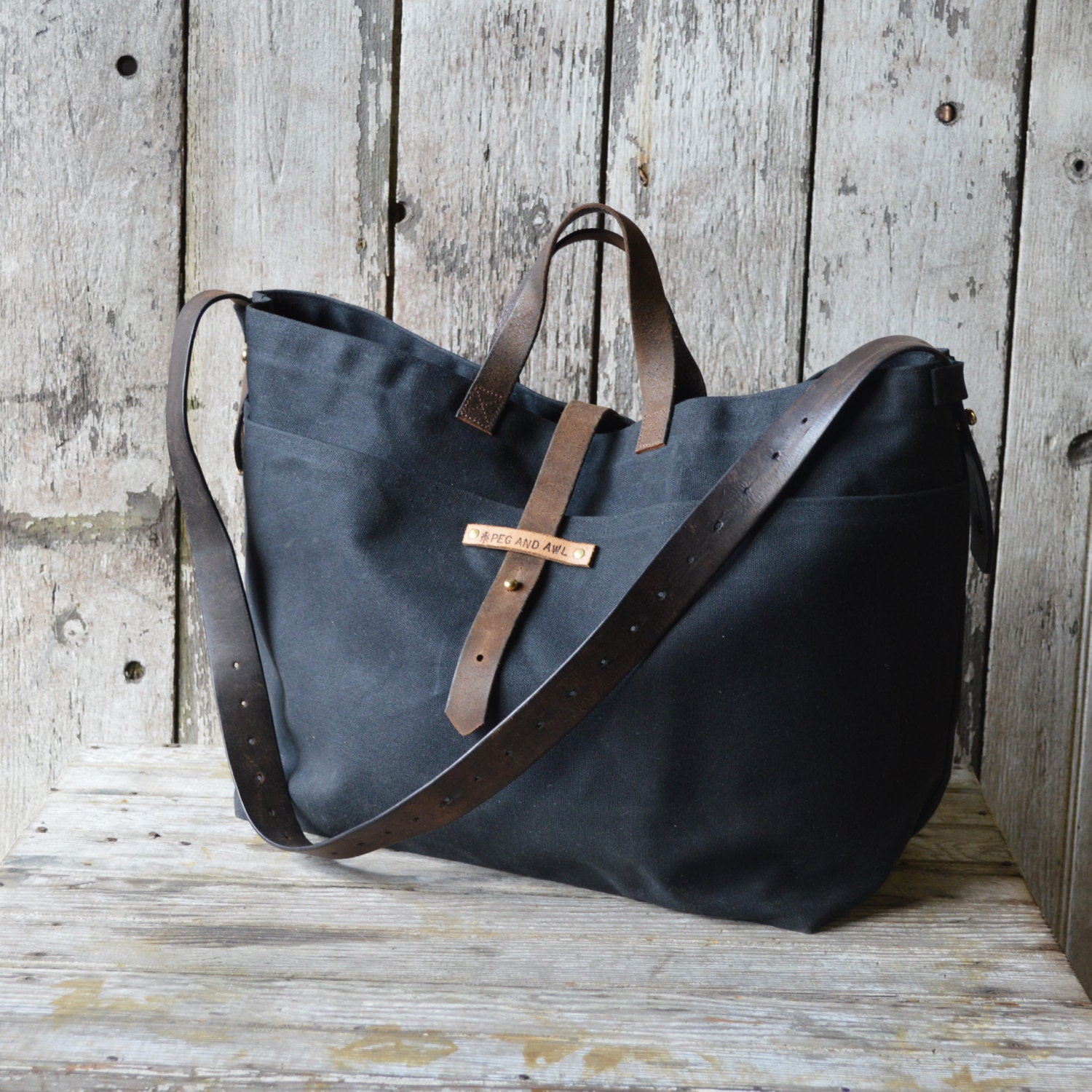 Super Roomy Large Waxed Canvas Tote: Coal, antique military leather, antique fabric pocket.