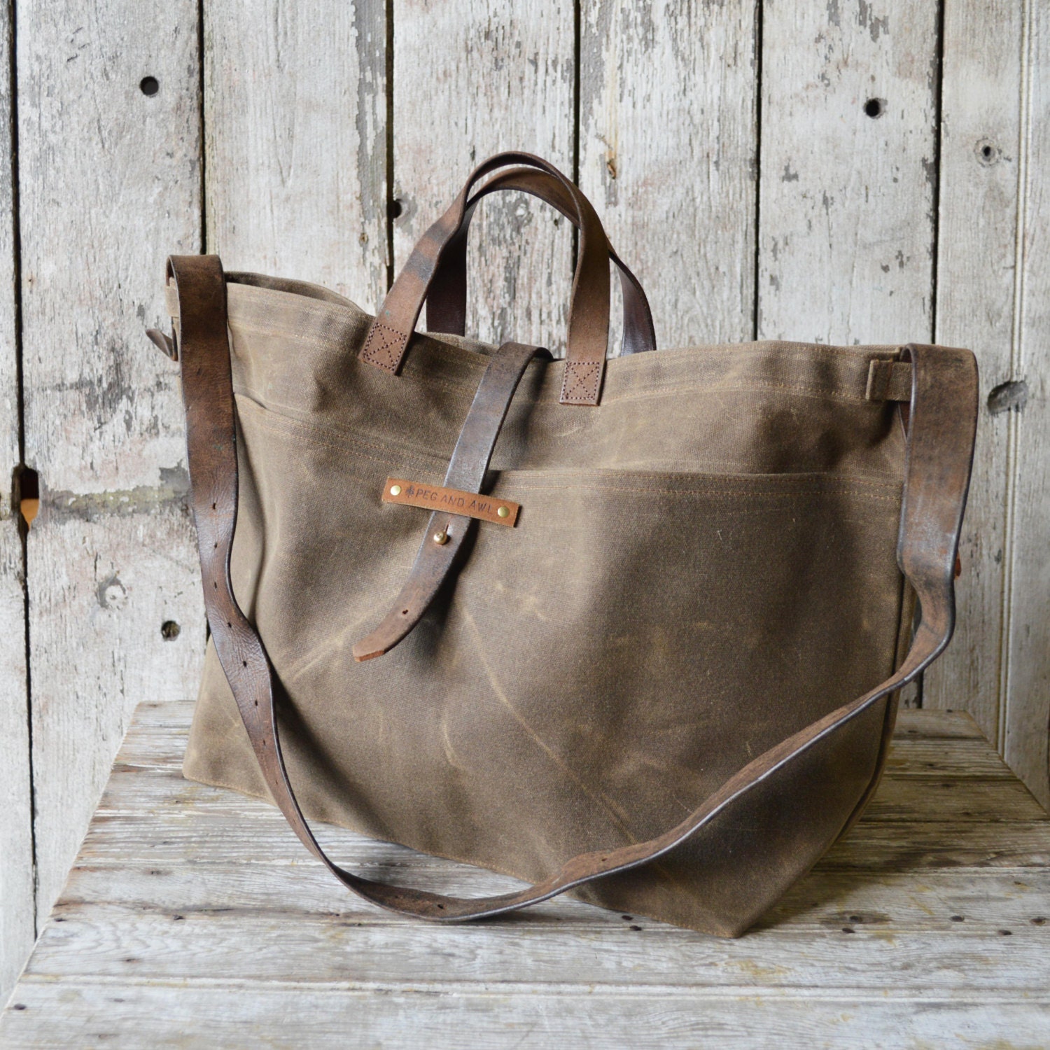 Super Roomy Large Waxed Canvas Tote: Truffle, antique military leather, antique fabric pocket.