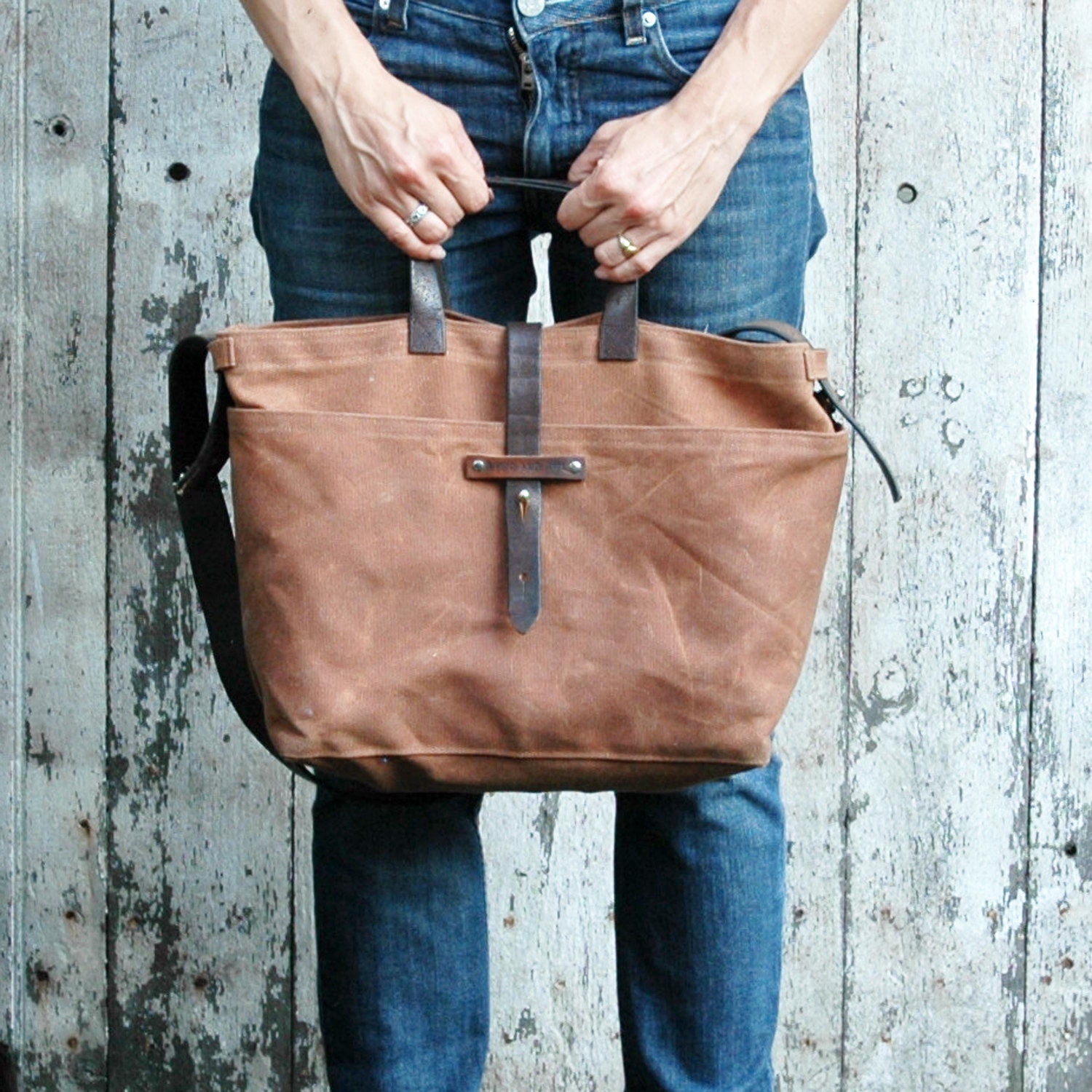 Waxed Canvas Tote: Spice, antique military leather, antique fabric pocket.