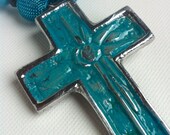 Handpainted Silver Cross Turquoise and Black Beaded  Necklace