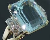 12 carat aquamarine diamond ring - Yellow gold light blue aquamarine diamonds setting - Vintage Jewelry 1950's