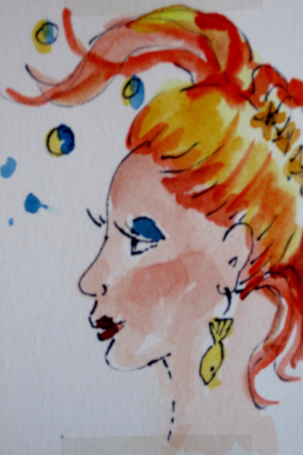 Mermaid with fish ear rings aceo original art  watercolor painitng