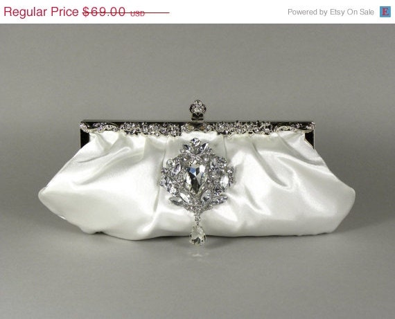 ON SALE White Satin Wedding Bridal Clutch Vintage Style with Crystal Rhinestone Brooch - Also Available in Champagne and Silver