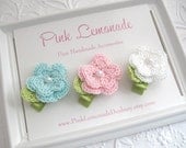 Cute Baby Hair Clips, Set of 3 Crochet Flower Hair Clips in Aqua, Pink and White, Baby Gift