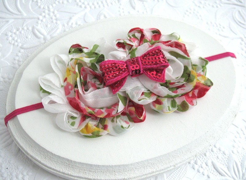 Baby Girl Chiffon Flower Headband, Vintage Style Floral Chiffon Bow Baby Headband, Custom Made to Fit