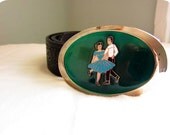 tooled leather belt DOSIDO square dancing rockabilly western enamel inlay oversized belt buckle - made in USA